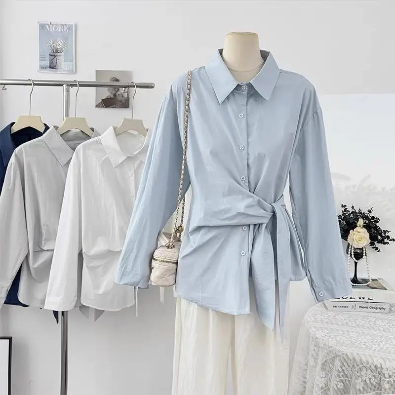French Irregular Waist Tie Collar Long Sleeve Shirt for Women in Autumn2025Fashionable Youthful Single-Breasted Top