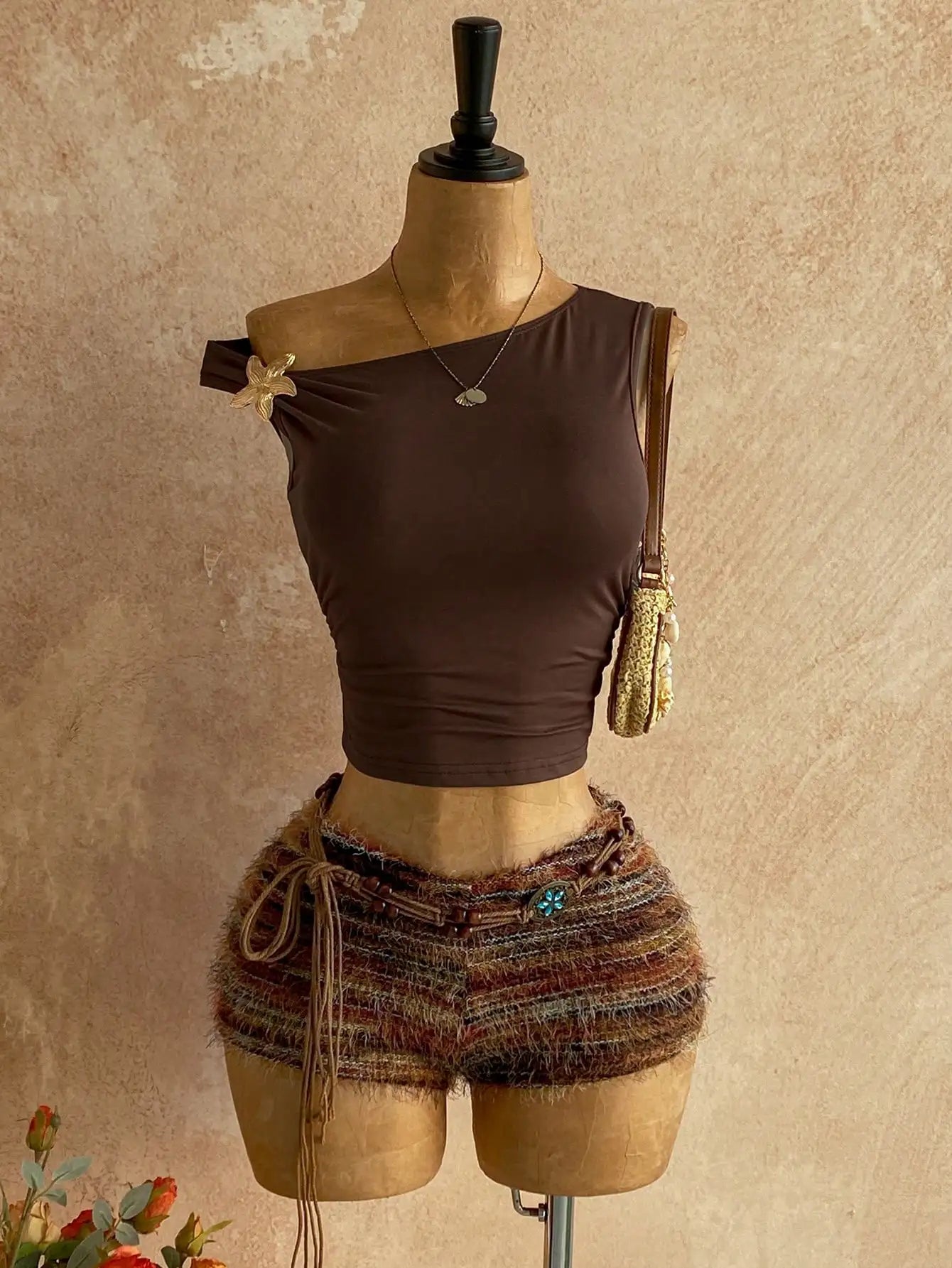 Boho Brown Knit Asymmetrical Shoulder 2-Piece Set with Fuzzy Shorts & Floral Detail for Beach, Festival, Wedding Guest
