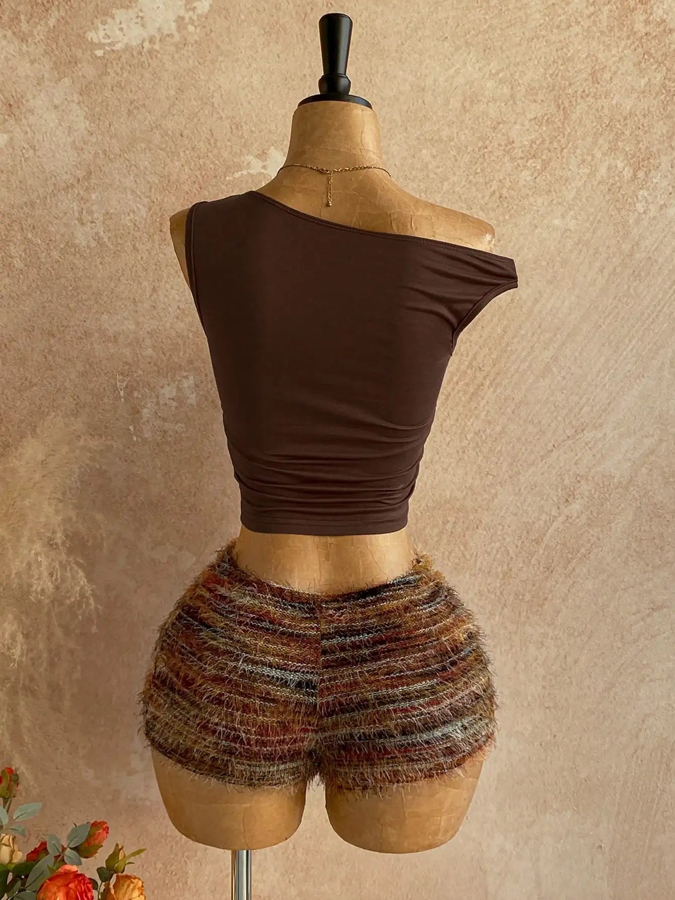 Boho Brown Knit Asymmetrical Shoulder 2-Piece Set with Fuzzy Shorts & Floral Detail for Beach, Festival, Wedding Guest