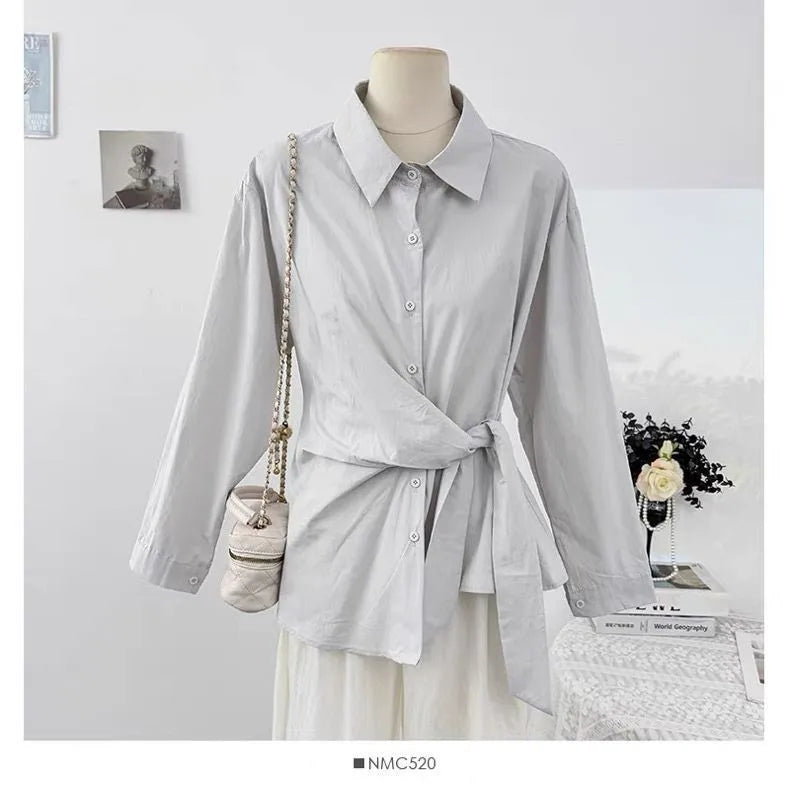 French Irregular Waist Tie Collar Long Sleeve Shirt for Women in Autumn2025Fashionable Youthful Single-Breasted Top