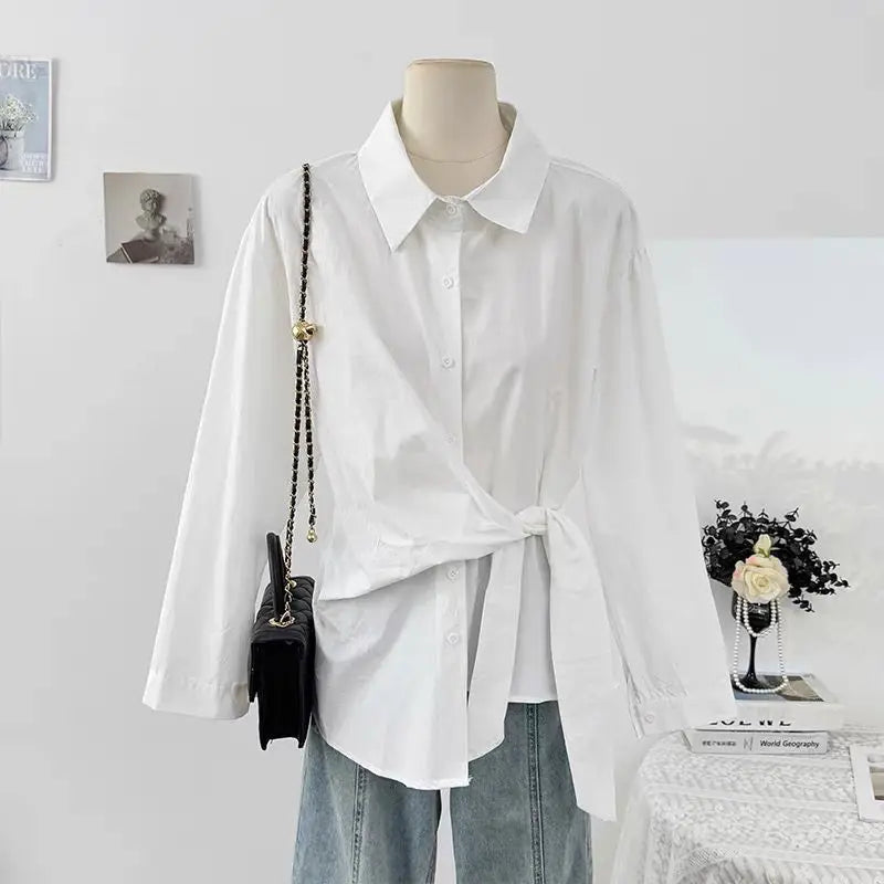 French Irregular Waist Tie Collar Long Sleeve Shirt for Women in Autumn2025Fashionable Youthful Single-Breasted Top
