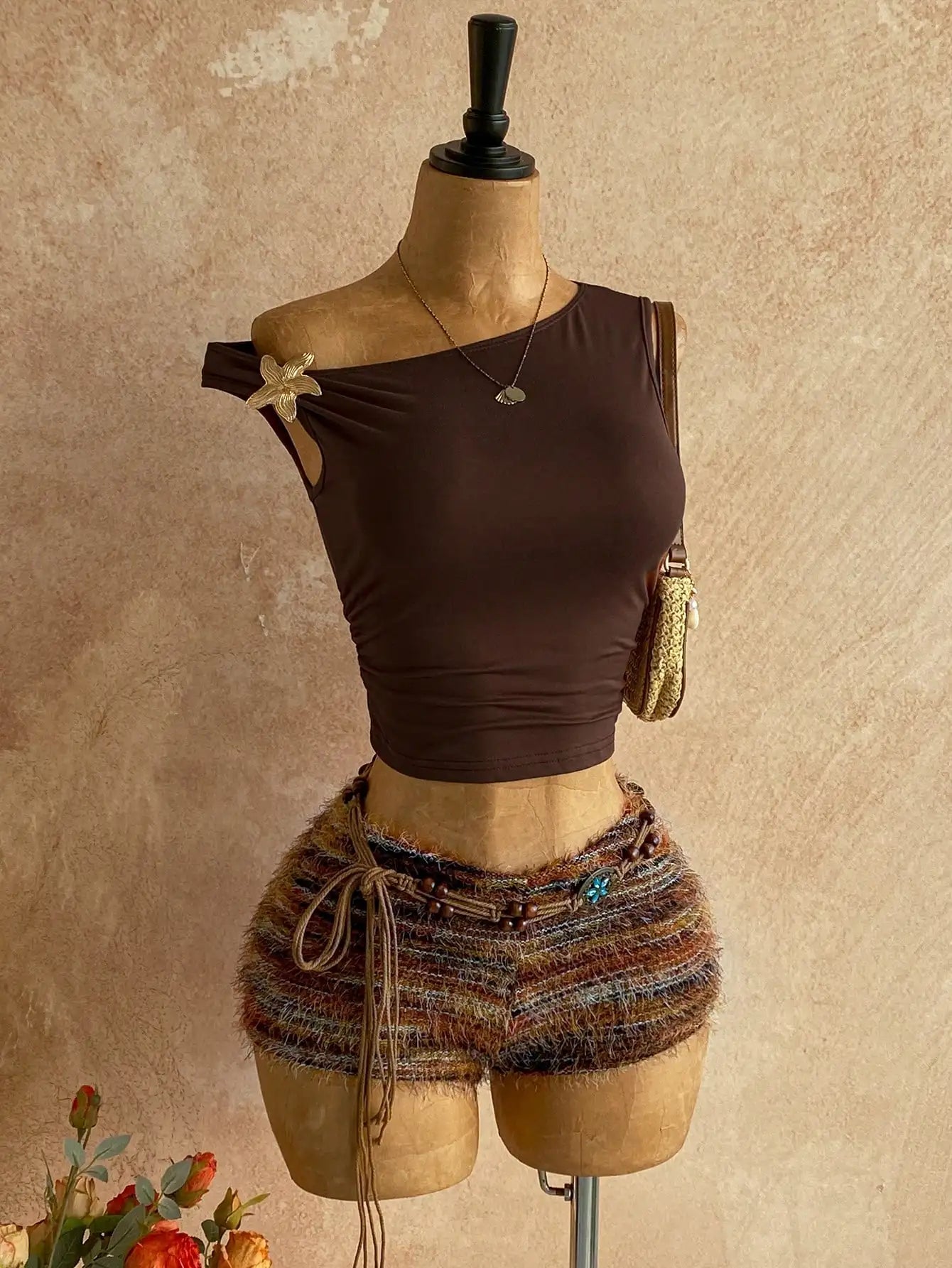 Boho Brown Knit Asymmetrical Shoulder 2-Piece Set with Fuzzy Shorts & Floral Detail for Beach, Festival, Wedding Guest
