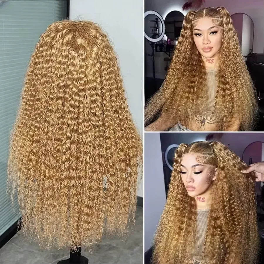 34 38Inch Honey Blonde Wig Human Hair Deep Wave 13x6 Hd Lace Frontal Wig 230 Density Preplucked #27 Colored Curly Lace Front Wig