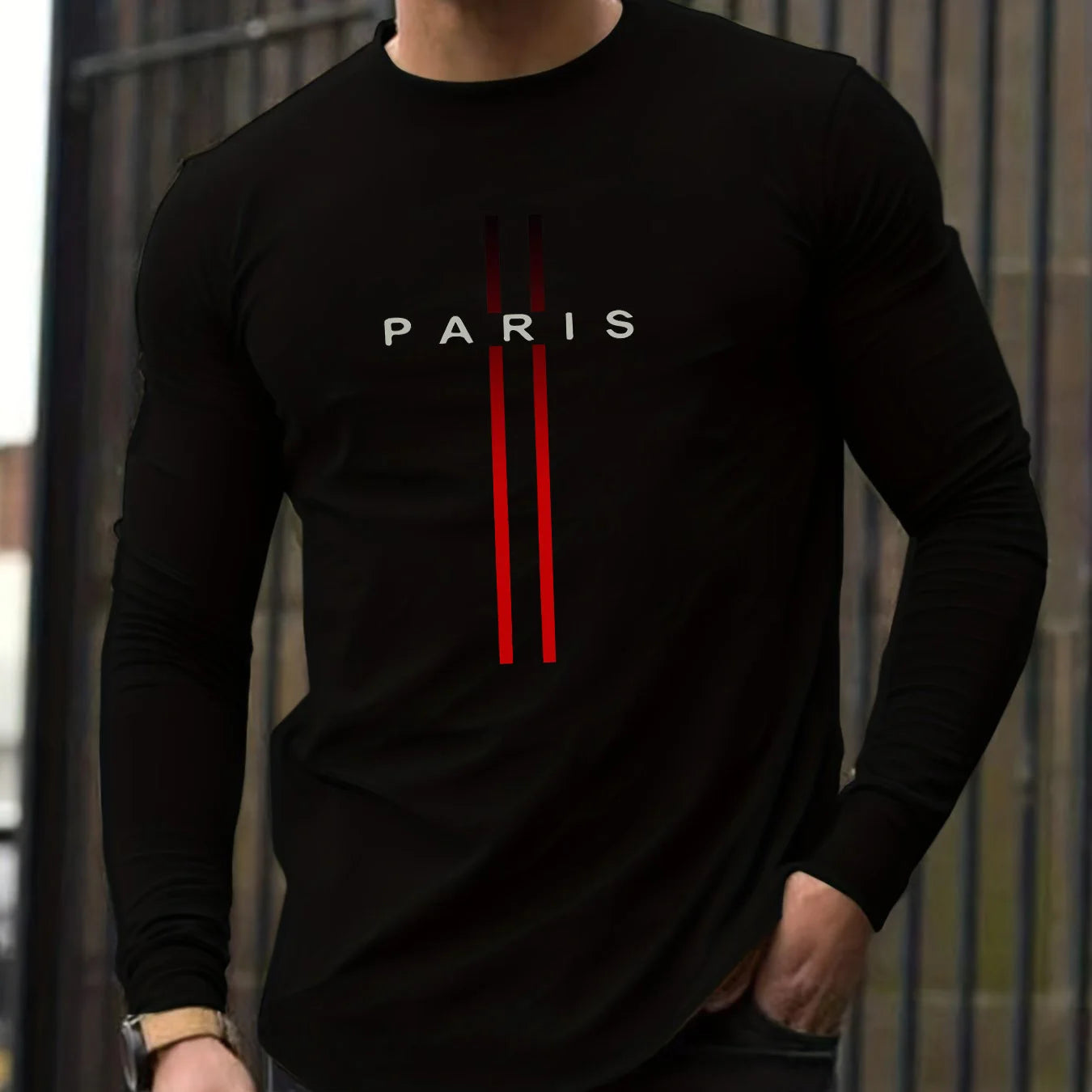 100% pure cotton men's long sleeved round neck loose casual Paris pattern printed spring and autumn versatile T-shirt top