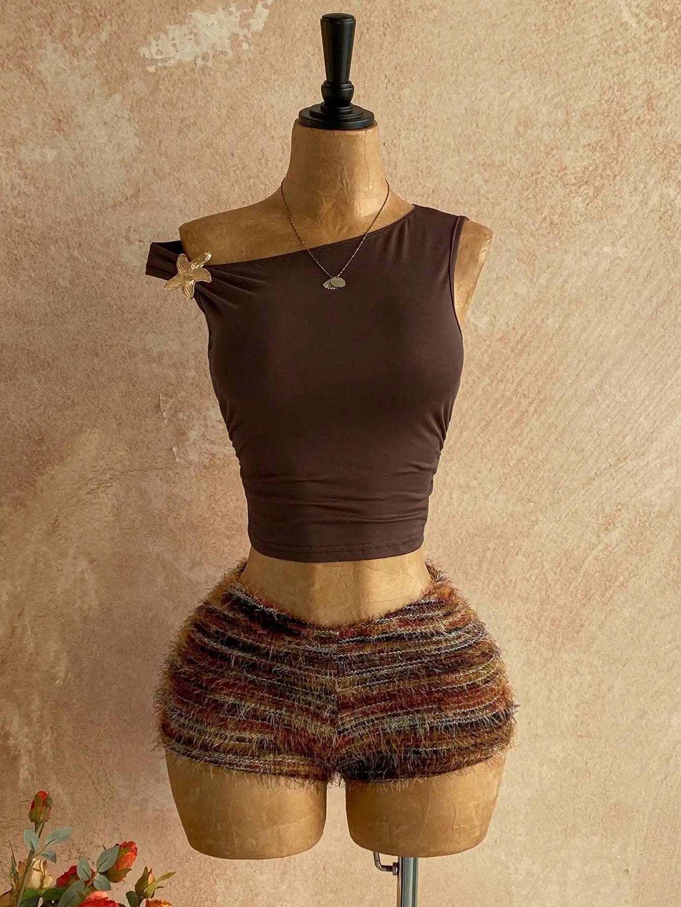 Boho Brown Knit Asymmetrical Shoulder 2-Piece Set with Fuzzy Shorts & Floral Detail for Beach, Festival, Wedding Guest