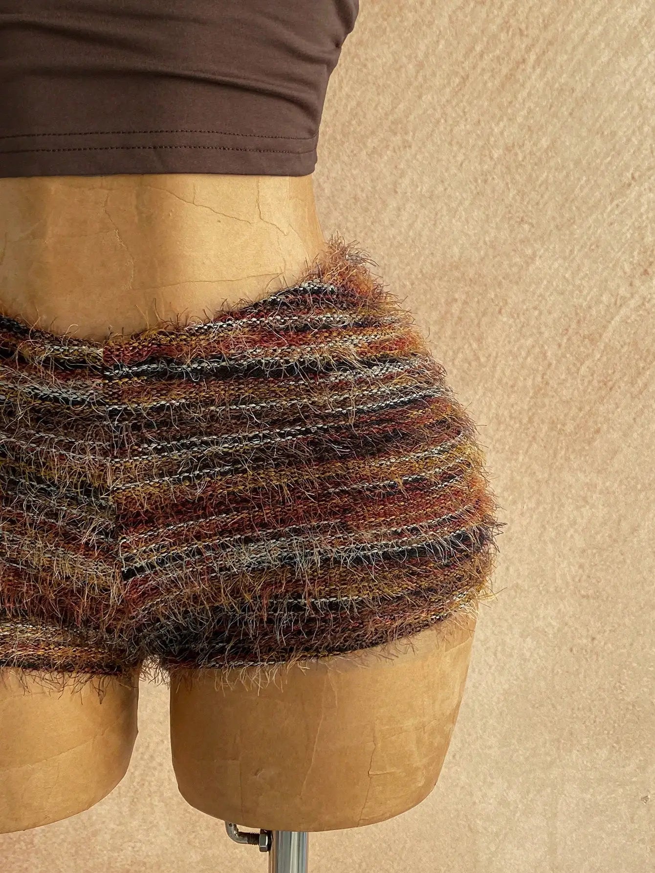 Boho Brown Knit Asymmetrical Shoulder 2-Piece Set with Fuzzy Shorts & Floral Detail for Beach, Festival, Wedding Guest