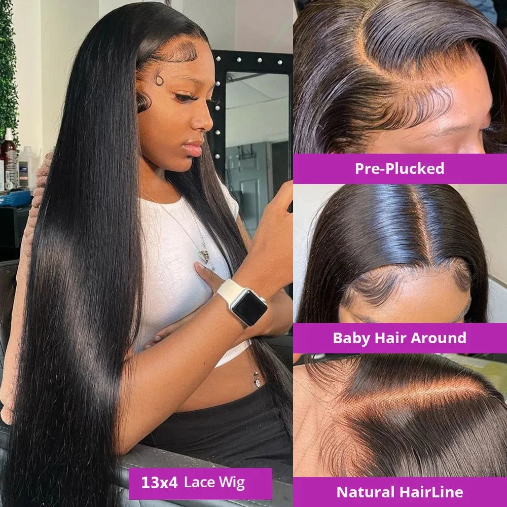 Rosslyn 1B Black Wig Straight Human Hair Wigs HD Lace Wig 13x6 Human Hair 200% Density Baby Hair Pre Plucked Bleached Knoted