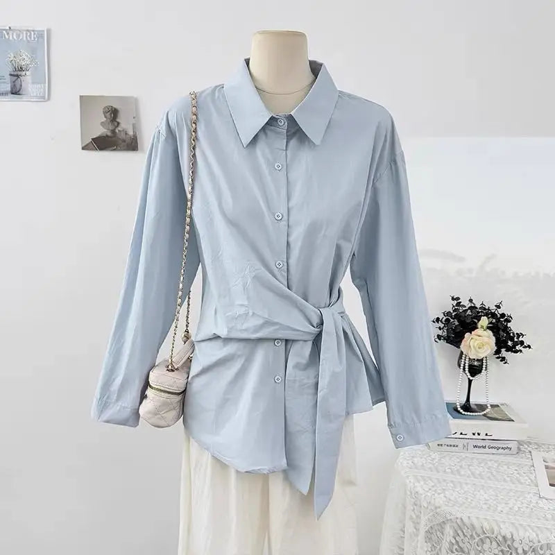 French Irregular Waist Tie Collar Long Sleeve Shirt for Women in Autumn2025Fashionable Youthful Single-Breasted Top