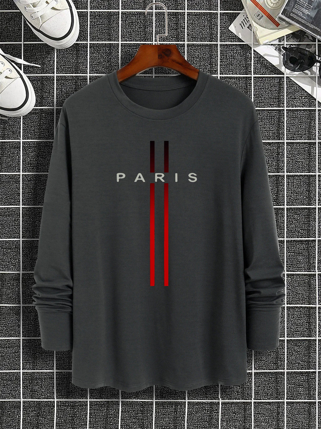 100% pure cotton men's long sleeved round neck loose casual Paris pattern printed spring and autumn versatile T-shirt top