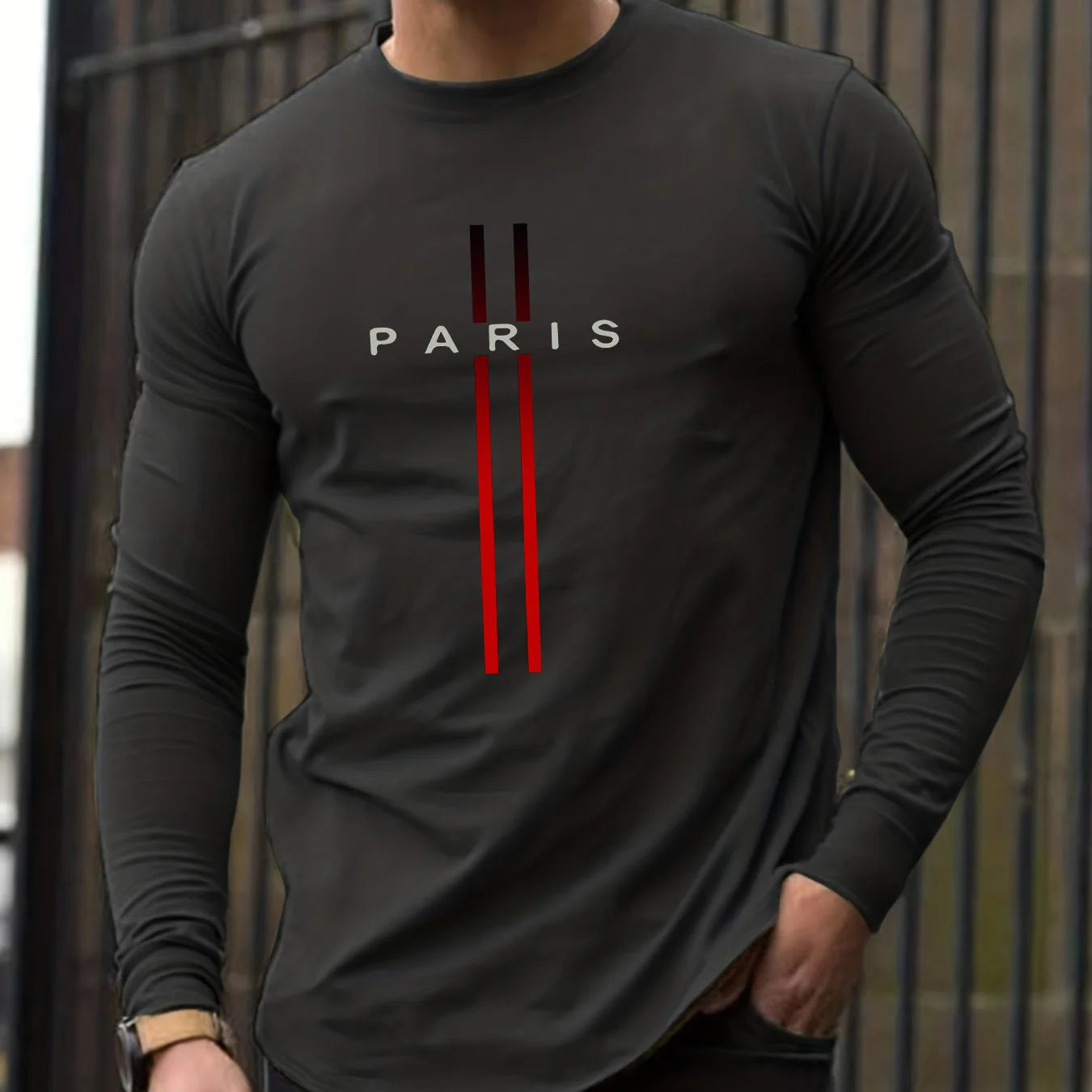 100% pure cotton men's long sleeved round neck loose casual Paris pattern printed spring and autumn versatile T-shirt top
