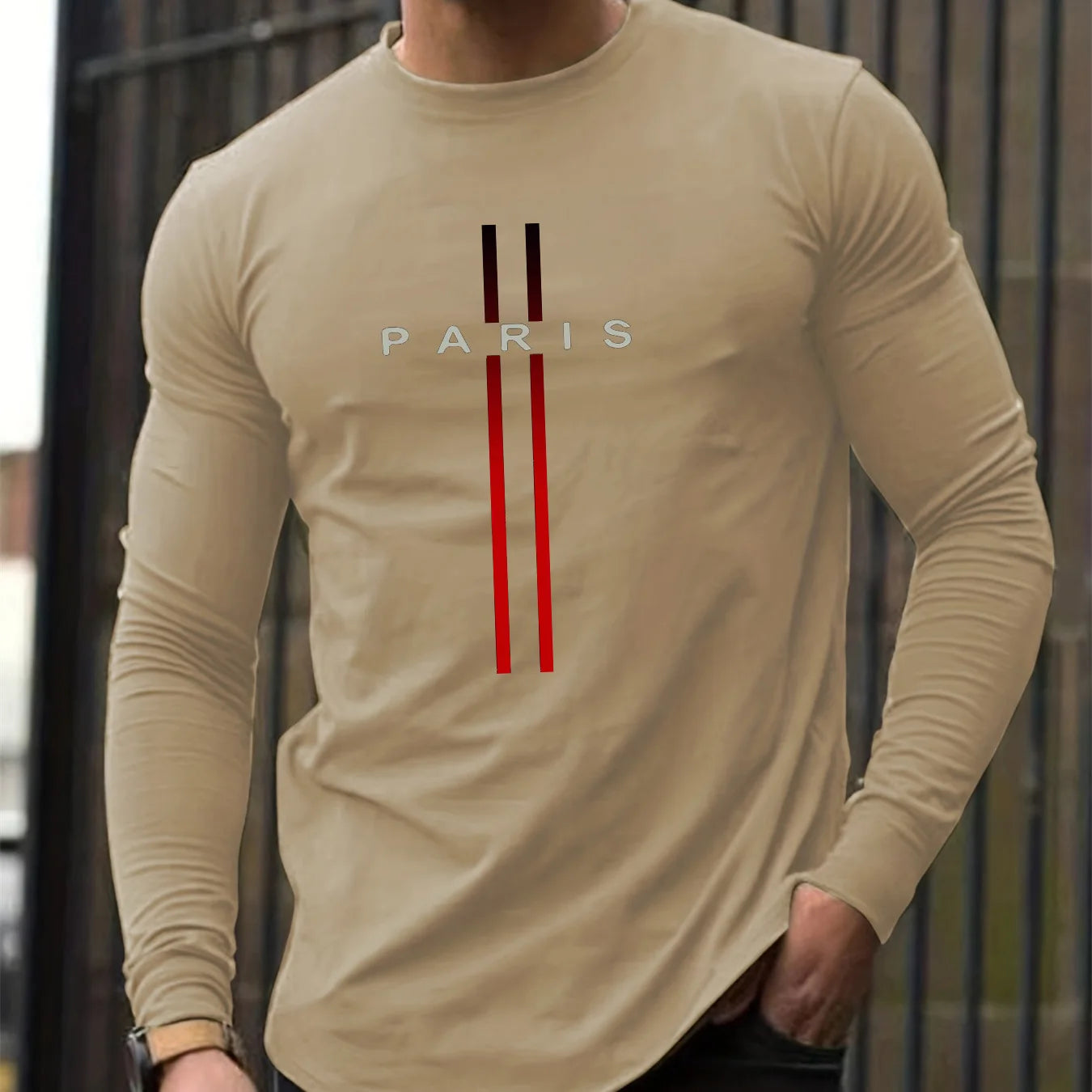 100% pure cotton men's long sleeved round neck loose casual Paris pattern printed spring and autumn versatile T-shirt top