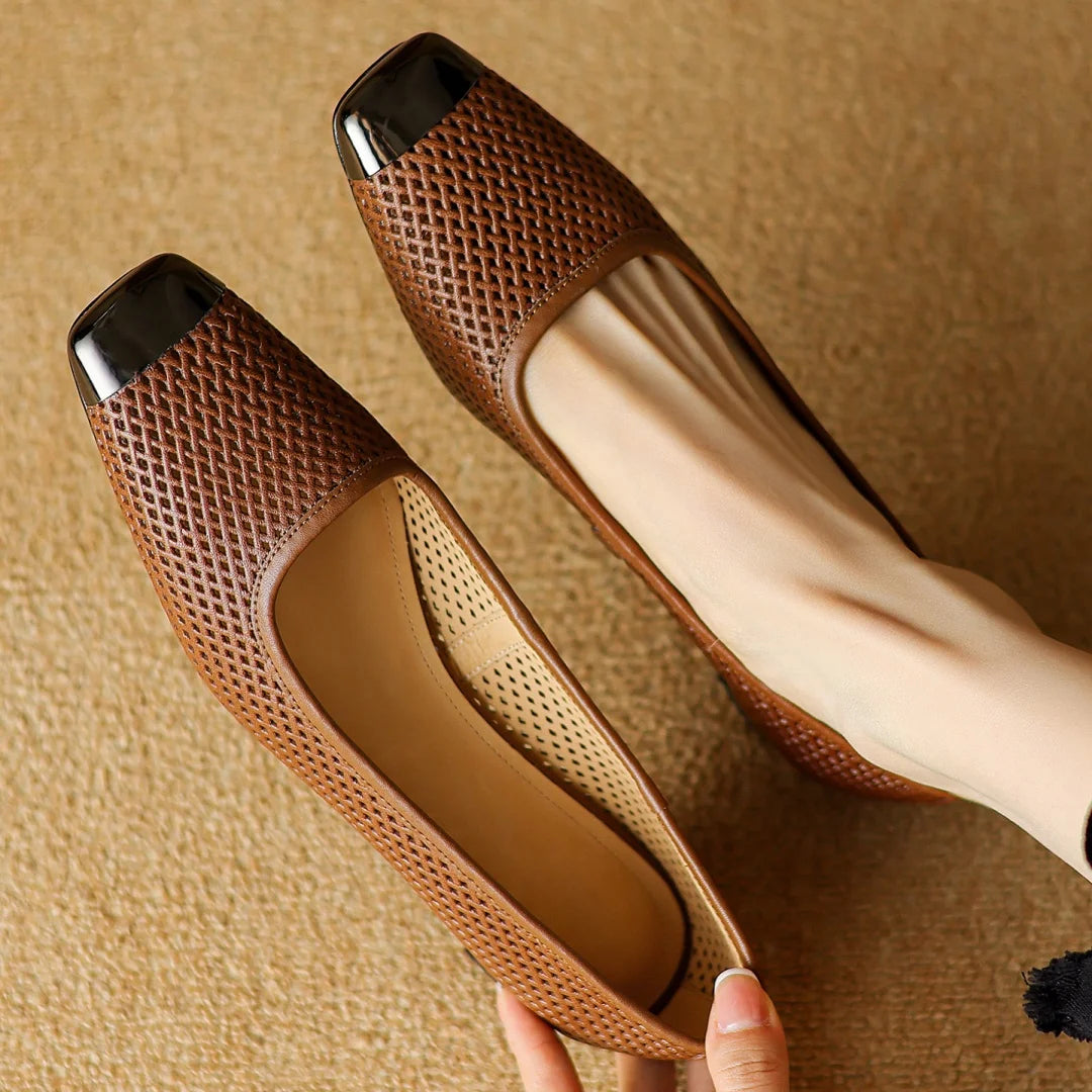 Plus size 34-41 women's hollow-out sheepskin slip-on summer breathable pumps metal toe 3cm kitten heel elegant ladies heels shoe