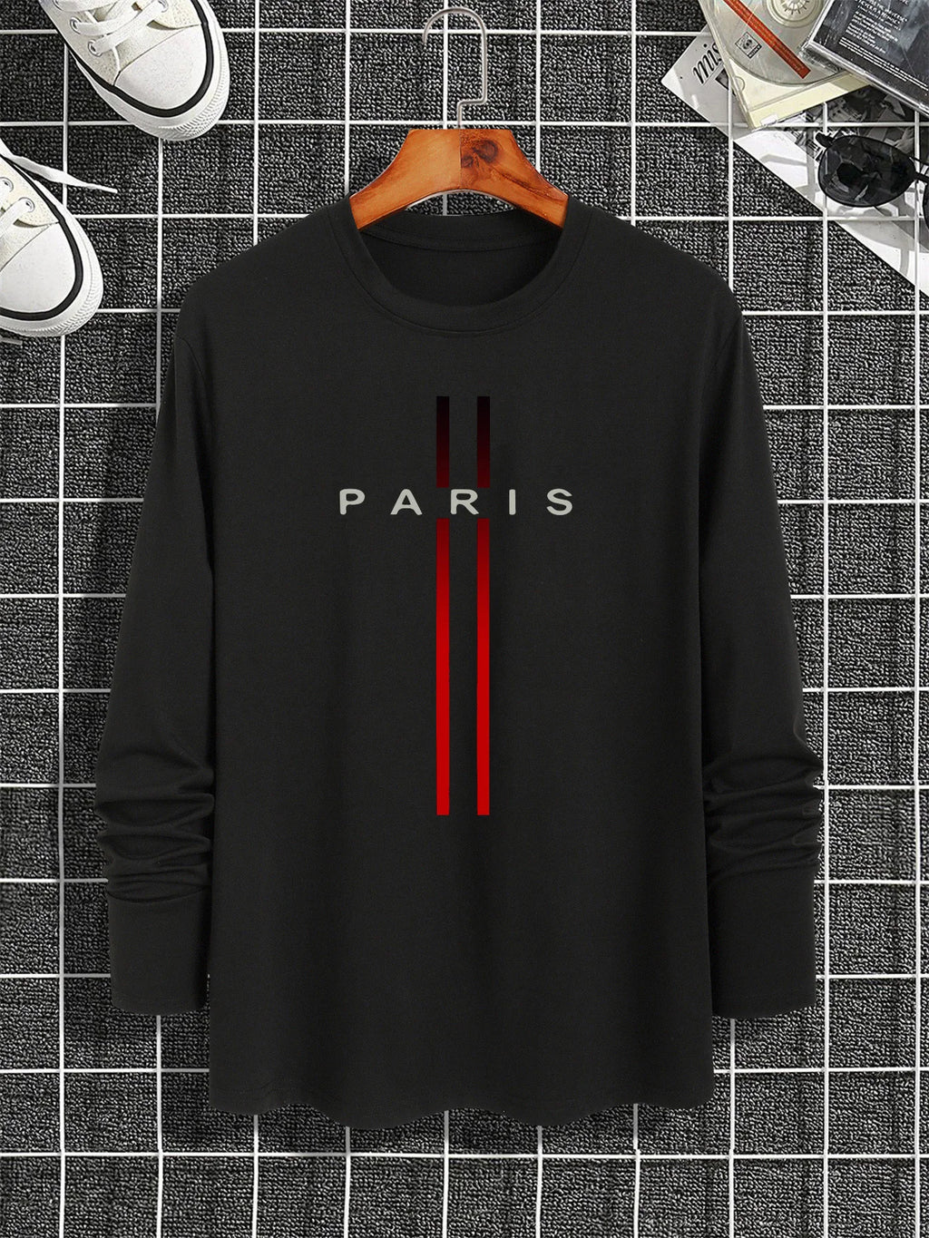 100% pure cotton men's long sleeved round neck loose casual Paris pattern printed spring and autumn versatile T-shirt top