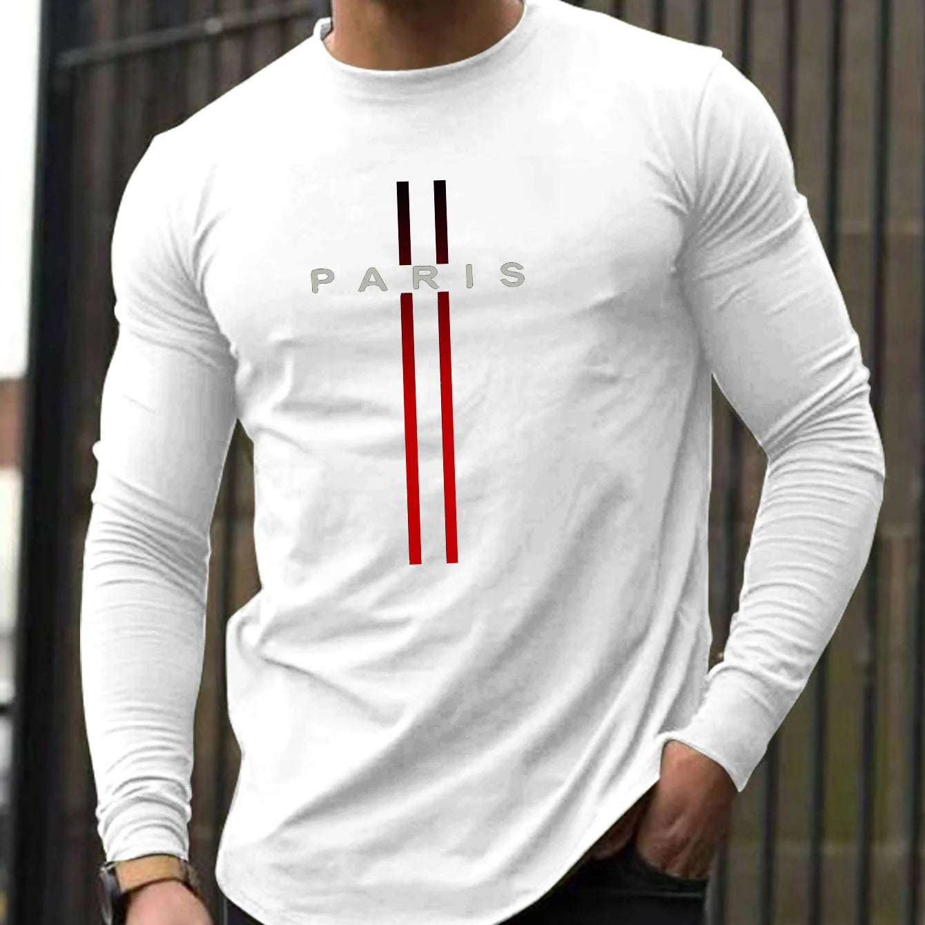100% pure cotton men's long sleeved round neck loose casual Paris pattern printed spring and autumn versatile T-shirt top